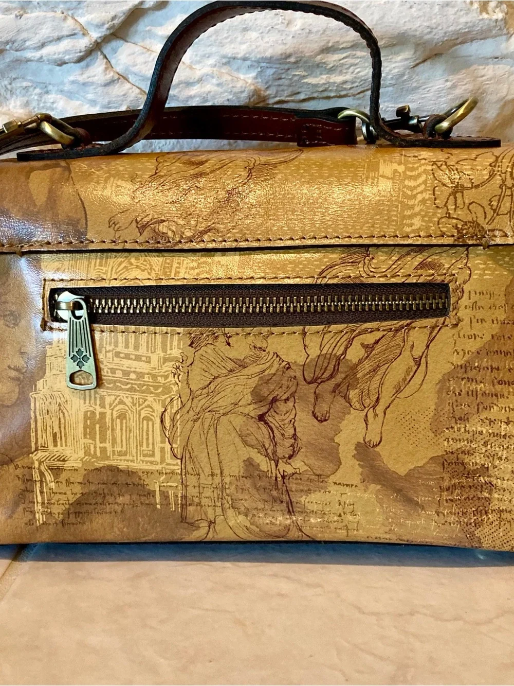 NWOT Patricia Nash Carisbrook. Leather satchel in “the Italian sketchbook” print